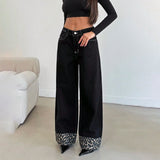 Straight Straight Trousers Feet Spliced Leopard Trousers Babes Essential Personality Leopard Print Base Black High-Waisted Thin Jeans HZ1208