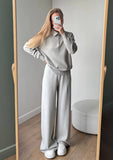 Autumn And Winter Solid-Color Lap-Over Sweater Set Women's Loose Knit Polo Collar Sweater Broad Leg Pants Two-Set HZ1208
