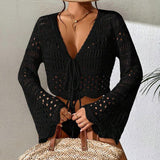 Ocean Knitted Hollow Beach Hoodie Strapped With Open Shirt Bikini Outside HZ1208