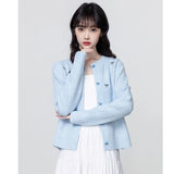 Blue Round Collar Knitted Cardigan Women 2025 Spring And Autumn New Loose Design Thin Sweater Coat Short Top HZ1208