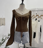 Real Shooting Merard Wind Strapted Bow Splicing Lace Pure Desire Blouse Folding Body Short Blouse 6015 HZ1208