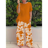 2025 Plus Code Lady Two-Set Set Of Stylish Short-Sleeved Round Collar Top Wide Leg Trousers Print Casual Dress HZ1208