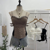 Net Yarn Printed Slanted Shoulder Sling Vest Retro Design Folding Temperament Short Blouse 8009 HZ1208