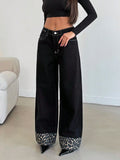 Straight Straight Trousers Feet Spliced Leopard Trousers Babes Essential Personality Leopard Print Base Black High-Waisted Thin Jeans HZ1208