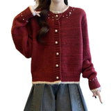 Design With A Soft Glutinous Nail Beads Color Short Cardigan Knitted Sweater Women's Spring And Autumn New Loose Chic Top HZ1208