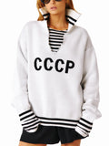 2025 New Fashion Collar Hollow Knitted Shirt Women CCCP Letter Embroidery Casual Style Sweater HZ1208