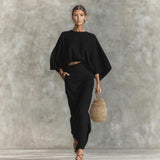 2025 Shein Round Collar Long-Sleeved Top High Waist Skirt Suit Women's Clothing HZ1208