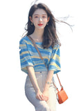 Summer Korean Chic Oceanous Special To Beautiful Blouse Loose And Thin Blue Striped T-Shirts HZ1208