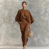 2025 Shein Round Collar Long-Sleeved Top High Waist Skirt Suit Women's Clothing HZ1208