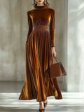 Autumn And Winter New Half-Healt Collar Waist Repair Folded Gold Velvet Temperament Long Dress HZ1208