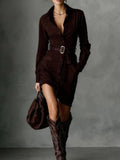 2025 Women's Autumn And Winter Velvet Fashion Single-Dbutton Shirt Dress Skirt With Belt HZ1208