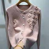 Solid-Color Flower Embroidery Design Blouse With Ocean Knitted Cardigan Long-Sleeved Temperament Minus Age Casual Sweater Woman HZ1208