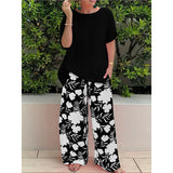 2025 Plus Code Lady Two-Set Set Of Stylish Short-Sleeved Round Collar Top Wide Leg Trousers Print Casual Dress HZ1208