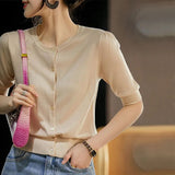 Micro-Permeable Knitted Jersey Women's Early Spring Round Collar Collar In The Middle Sleeve Ice Silk Thin Model Hit The Bottom Of The Coat Female Ocean HZ1208