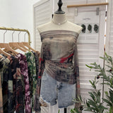 Vintage Graffiti-Printed Shoulder-Threin Mesh Long-Sleeved Blouse Side Drawstring Tethered With Slime T-Shirt 8959 HZ1208