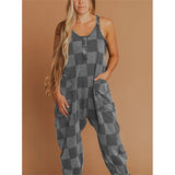 2025 Women's Check-Print Leisure Large Pocket Jumpsuit Wish Loose Back HZ1208