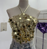 Heavy Industry Bling Bling Glide Hanging Neck Sling Vest One-Style Wrapping Tie With Large Bare Back Blouse 1083 HZ1208