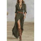 2025 Women's Spring And Autumn Sexy Solid Color Irregular Folding Waist Collar Dress With Belt HZ1208