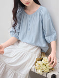 Light Blue Shirt Women's Round Collar 2025 Summer Dress New French Commuting Shirt Casual Loose Mid-Sleeve Top Shirt HZ1208
