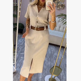 Summer Casual Fashion One-Step Skirt 2025 New Ins Style Simple Straight V-Neck Long Dress HZ1208