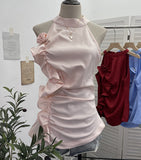 Spicy Design Sleeveless Leaves Three-Dimensional Flower Blouse Atmosphere Slimming Waist 1166 HZ1208