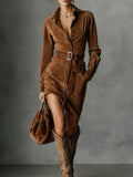 2025 Women's Autumn And Winter Velvet Fashion Single-Dbutton Shirt Dress Skirt With Belt HZ1208
