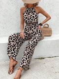 Sexy Leopard-Print Sleeveless Leopard Print Women's Broad Leg Trousers Jumpsuit HZ1208