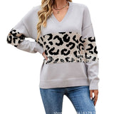 2025 Autumn And Winter New V-Neck Spliced Knitted Shirt Women's Jacket Leopard Print Women's Sweater HZ1208