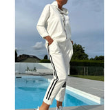 2025 Autumn And Winter New Women's Pure Color Round Neck Long Sleeves With Splicing Trousers Set Women HZ1208