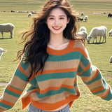 Mori's Retro Stripes Loose Lazy Sweater Knitted Women's 2025 New Winter Korean Wear Top Tide HZ1208