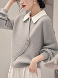 Crash Gray Fake Two Knitted Sweater Women's Autumn And Winter Korean Atmosphere Relaxed Leisure Polo Collar Top HZ1208