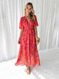 2025 Summer Print V-Neck Sexy Bohemian Bubble Sleeve Holiday Beach Dress HZ1208