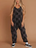 2025 Women's Check-Print Leisure Large Pocket Jumpsuit Wish Loose Back HZ1208