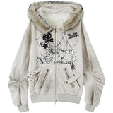 Autumn And Winter Street Retro Collar Rabbit Ear Hooded Hoodie Jacket Y2K Printed Female Top HZ1208