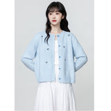 Blue Round Collar Knitted Cardigan Women 2025 Spring And Autumn New Loose Design Thin Sweater Coat Short Top HZ1208