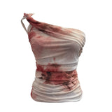 Net Yarn Printed Slanted Shoulder Sling Vest Retro Design Folding Temperament Short Blouse 8009 HZ1208