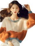Orange Stitched-In Printed Knitted Sweater 2025 Autumn And Winter New Korean Niche Design Soft-Clip Collar Top HZ1208