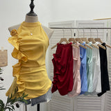 Spicy Design Sleeveless Leaves Three-Dimensional Flower Blouse Atmosphere Slimming Waist 1166 HZ1208