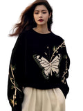 Black Butterfly Print Sweater Women 2025 Autumn And Winter New Loose This Year's Popular Beautiful Design Knitting Top HZ1208