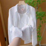 Summer New French Fashion Design Slid Sun Protection Blouse POLO Thin Perspective White Shirt Woman HZ1208