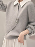 Crash Gray Fake Two Knitted Sweater Women's Autumn And Winter Korean Atmosphere Relaxed Leisure Polo Collar Top HZ1208