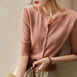 Micro-Permeable Knitted Jersey Women's Early Spring Round Collar Collar In The Middle Sleeve Ice Silk Thin Model Hit The Bottom Of The Coat Female Ocean HZ1208