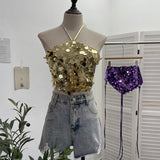 Heavy Industry Bling Bling Glide Hanging Neck Sling Vest One-Style Wrapping Tie With Large Bare Back Blouse 1083 HZ1208