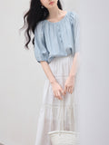 Light Blue Shirt Women's Round Collar 2025 Summer Dress New French Commuting Shirt Casual Loose Mid-Sleeve Top Shirt HZ1208