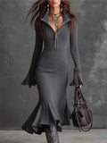 New Fashion Elegant Temperament Zippered Horn Sleeve Knitted Fishtail Skirt HZ1208