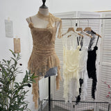 Real Shooting Lace Suspension Sheaf Vest Women's Summer Thin Irregular Lotus Leaf-Side Ribbon Slime Blouse 11851 HZ1208