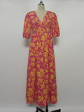 2025 Summer Print V-Neck Sexy Bohemian Bubble Sleeve Holiday Beach Dress HZ1208