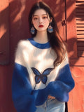 2025 Early Autumn New Sweater Small Korean Languid Wind Hit Klein Blue Butterfly Print Knitting Top HZ1208