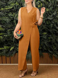 2025 Summer New Women's Pure Color Loose Casual Strap Cotton Linen Jumpsuit V Collar HZ1208