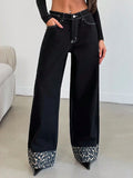 Straight Straight Trousers Feet Spliced Leopard Trousers Babes Essential Personality Leopard Print Base Black High-Waisted Thin Jeans HZ1208